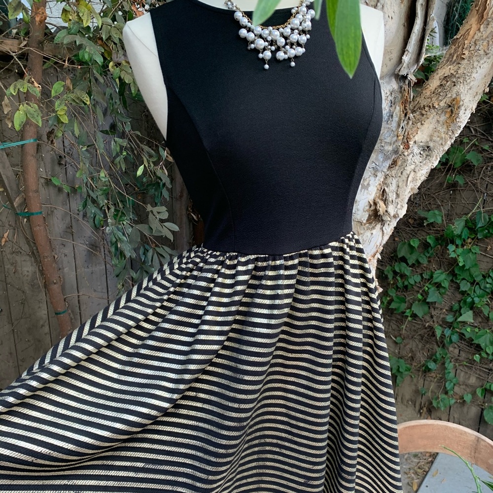 Black dress with glittering gold stripe skirt